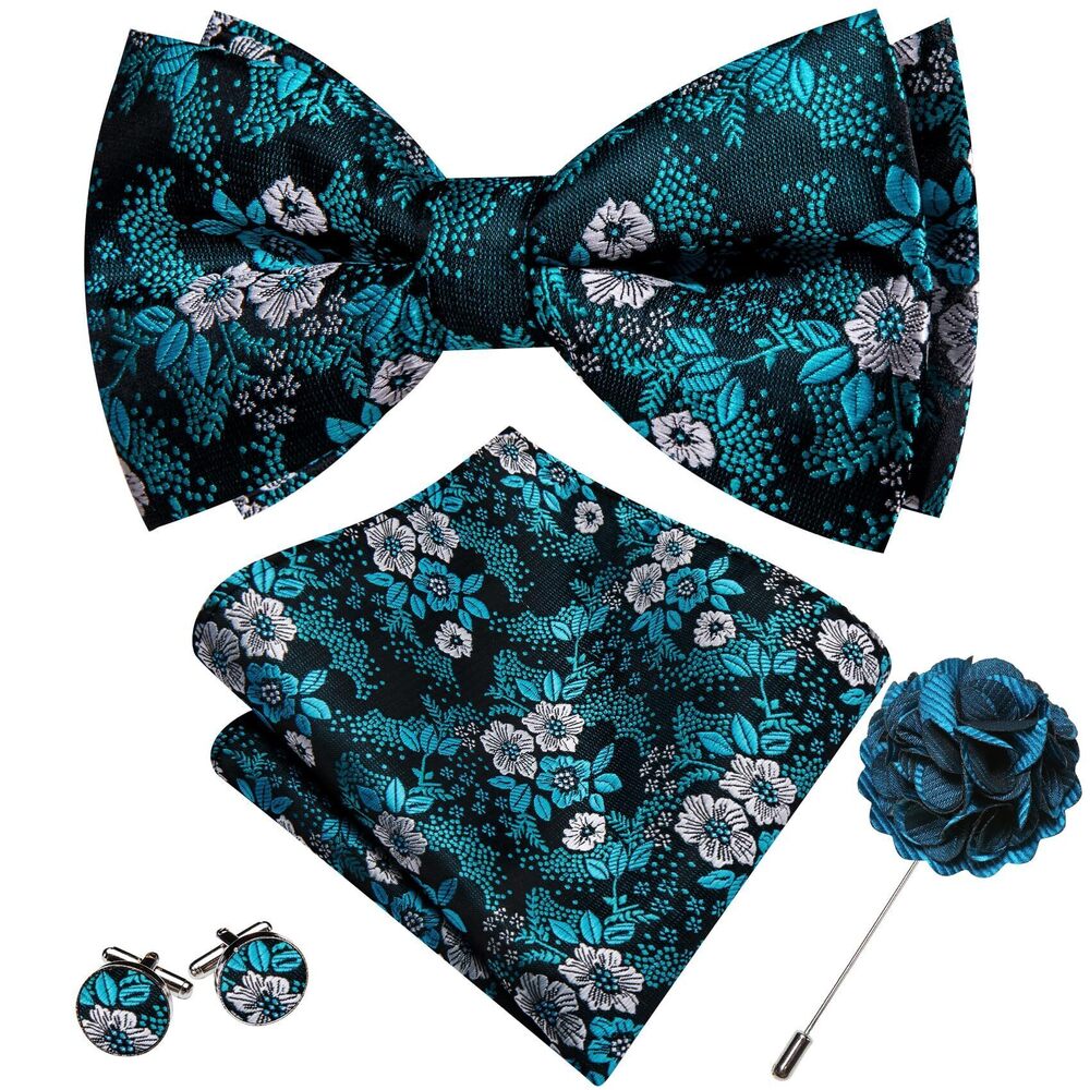 1594 Teal Bow Ties Floral Silk Pre-Tied Bowtie Pocket Square Cufflinks